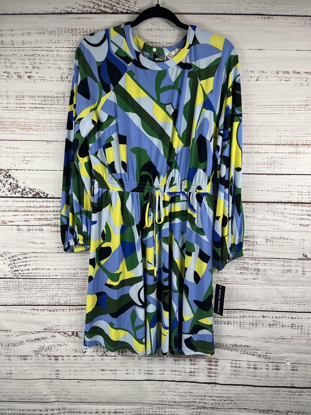 Donna Morgan Dress Women's 8 Blue Green Yellow Abstract Print Long Sleeve Belted